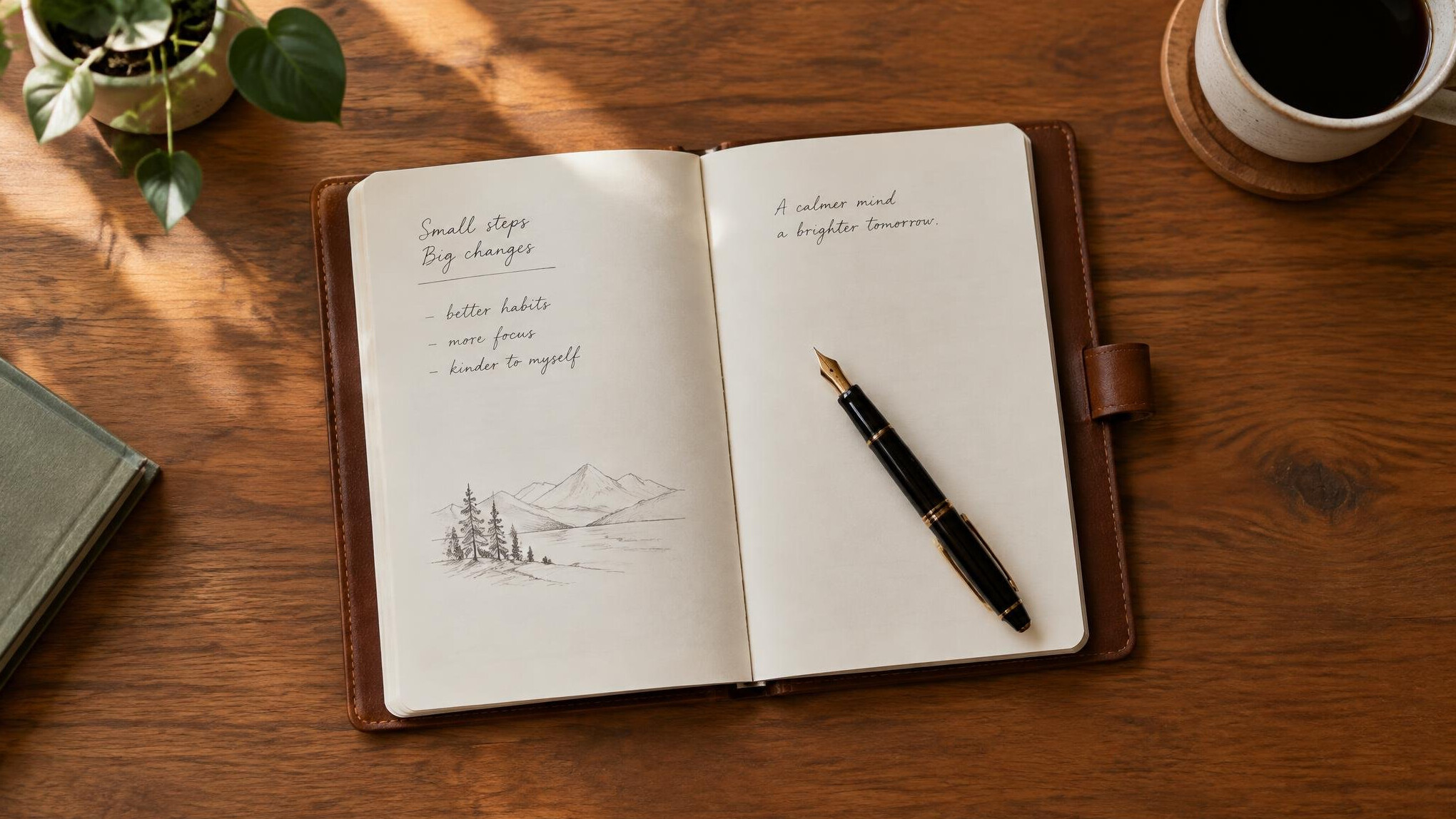 Open leather notebook with a fountain pen on a wooden desk in soft window light