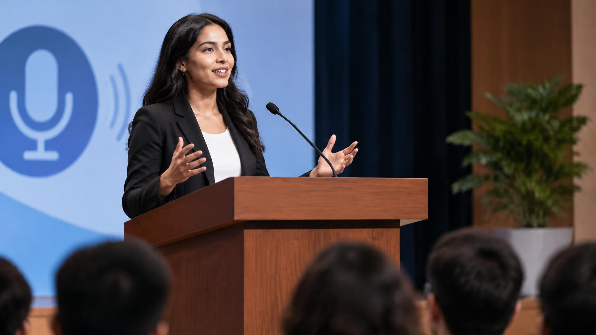 person speaking confidently on stage