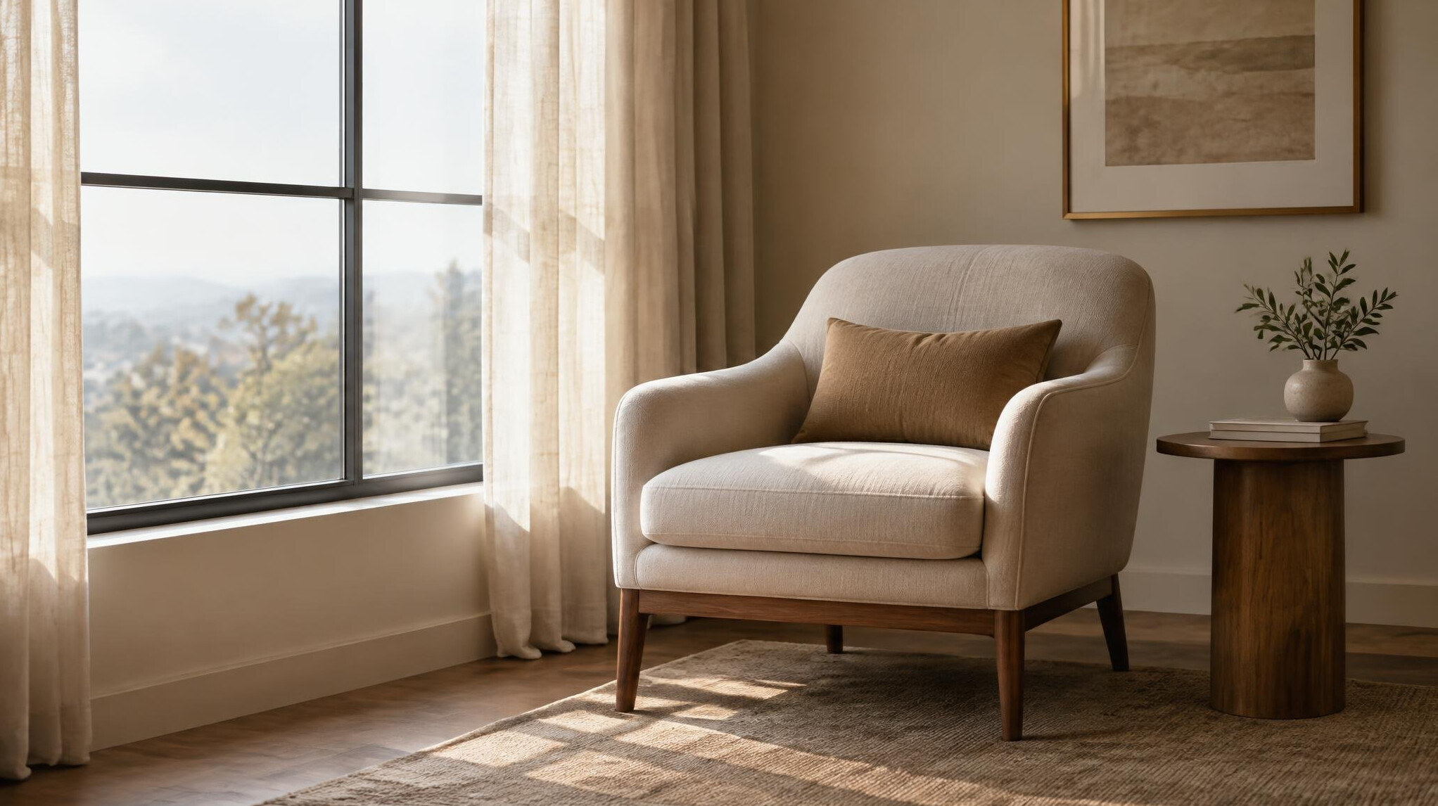 Empty elegant armchair beside a large window with soft daylight