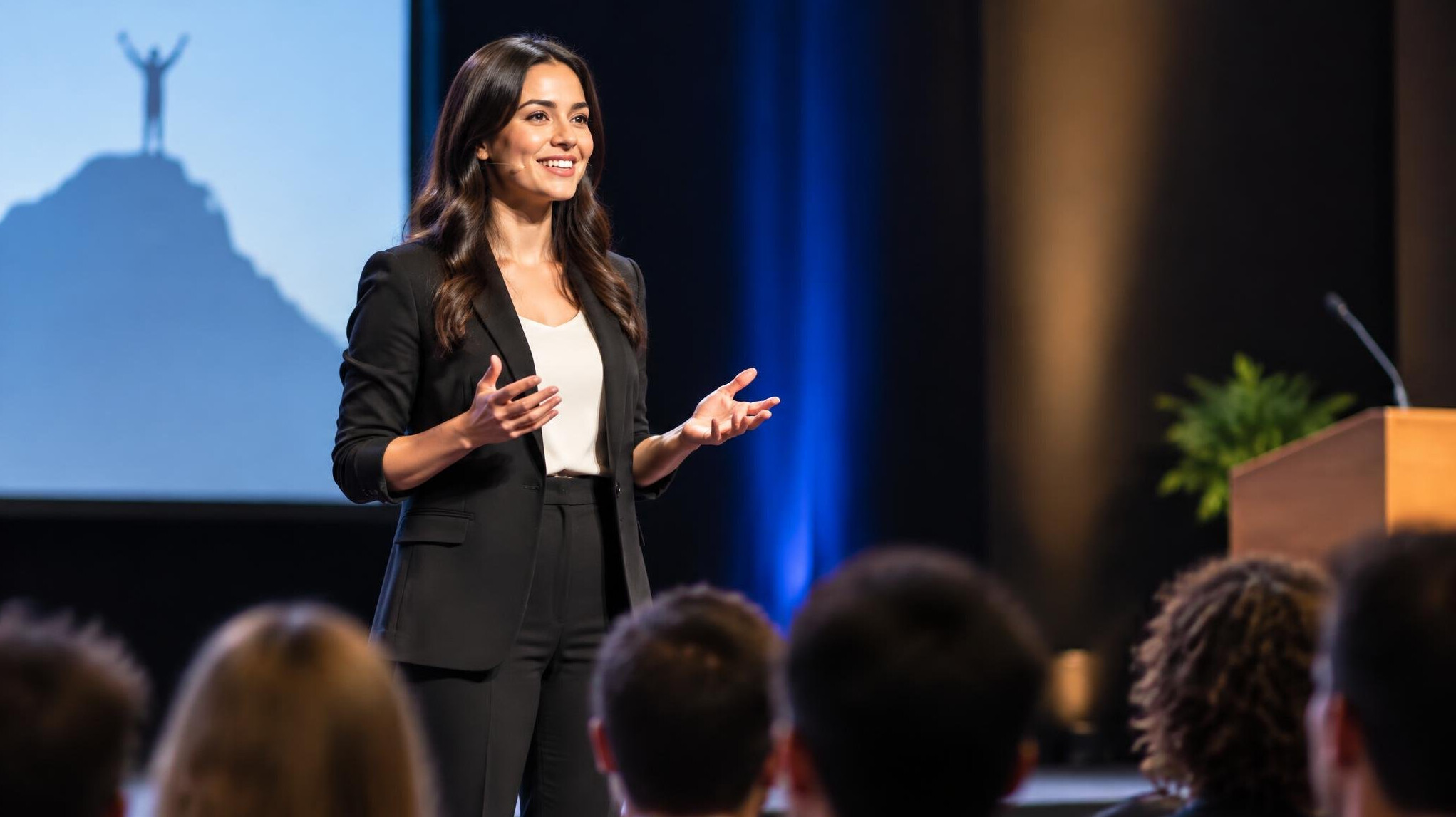 confident woman on stage speaking