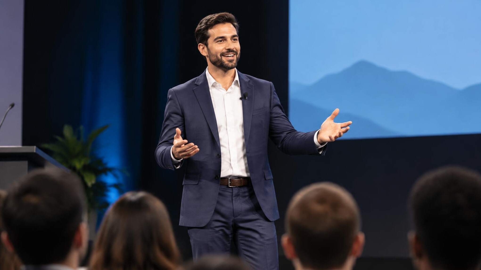 confident speaker with open body language