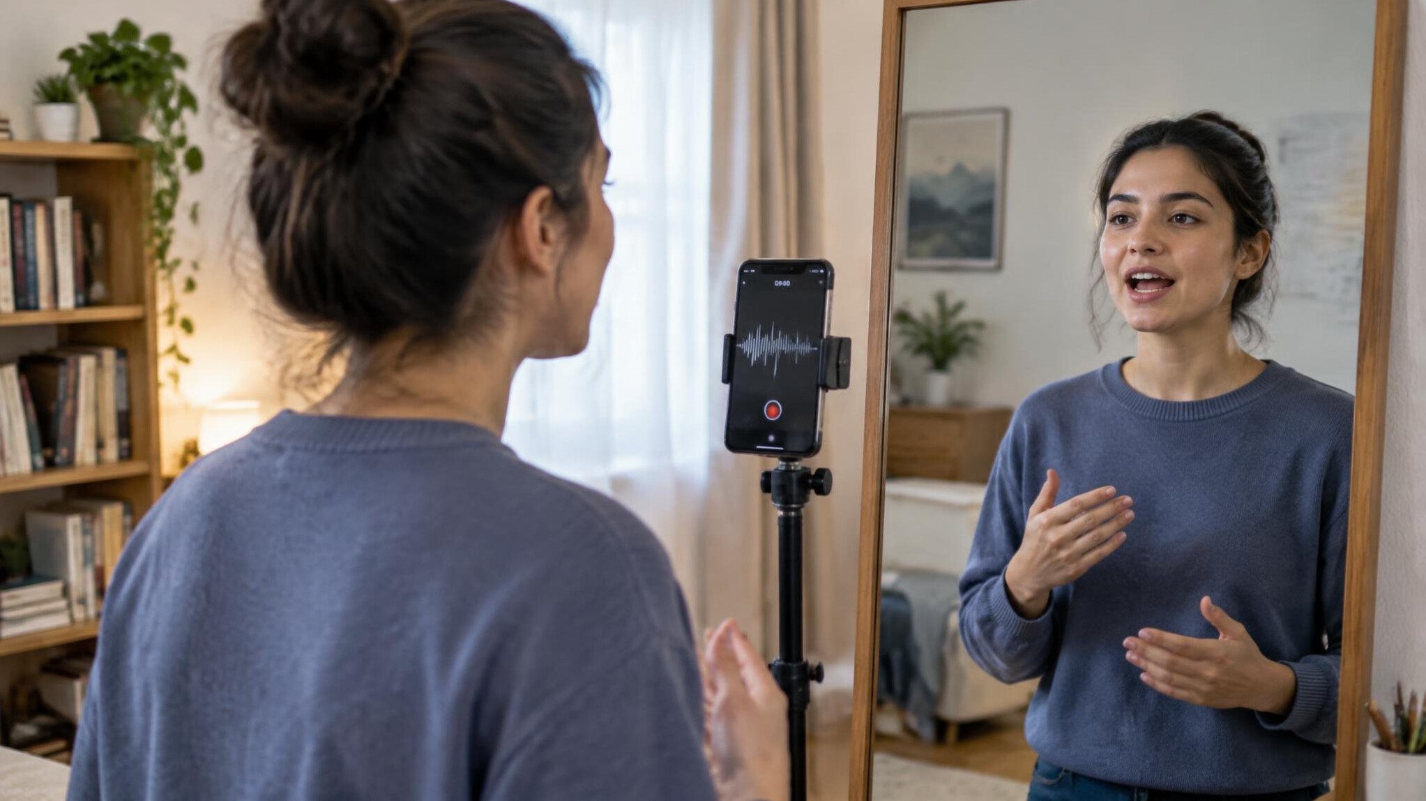 woman practicing speech at home