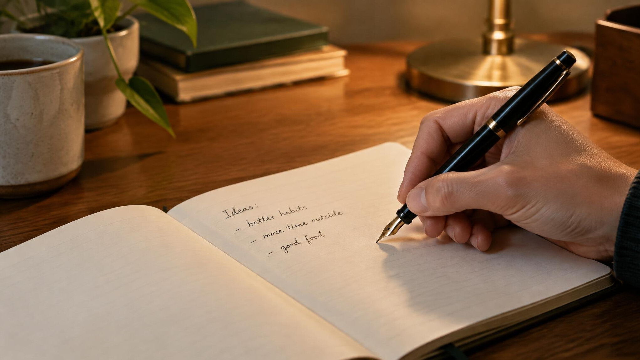 Close-up of a hand writing notes in a notebook with a fountain pen