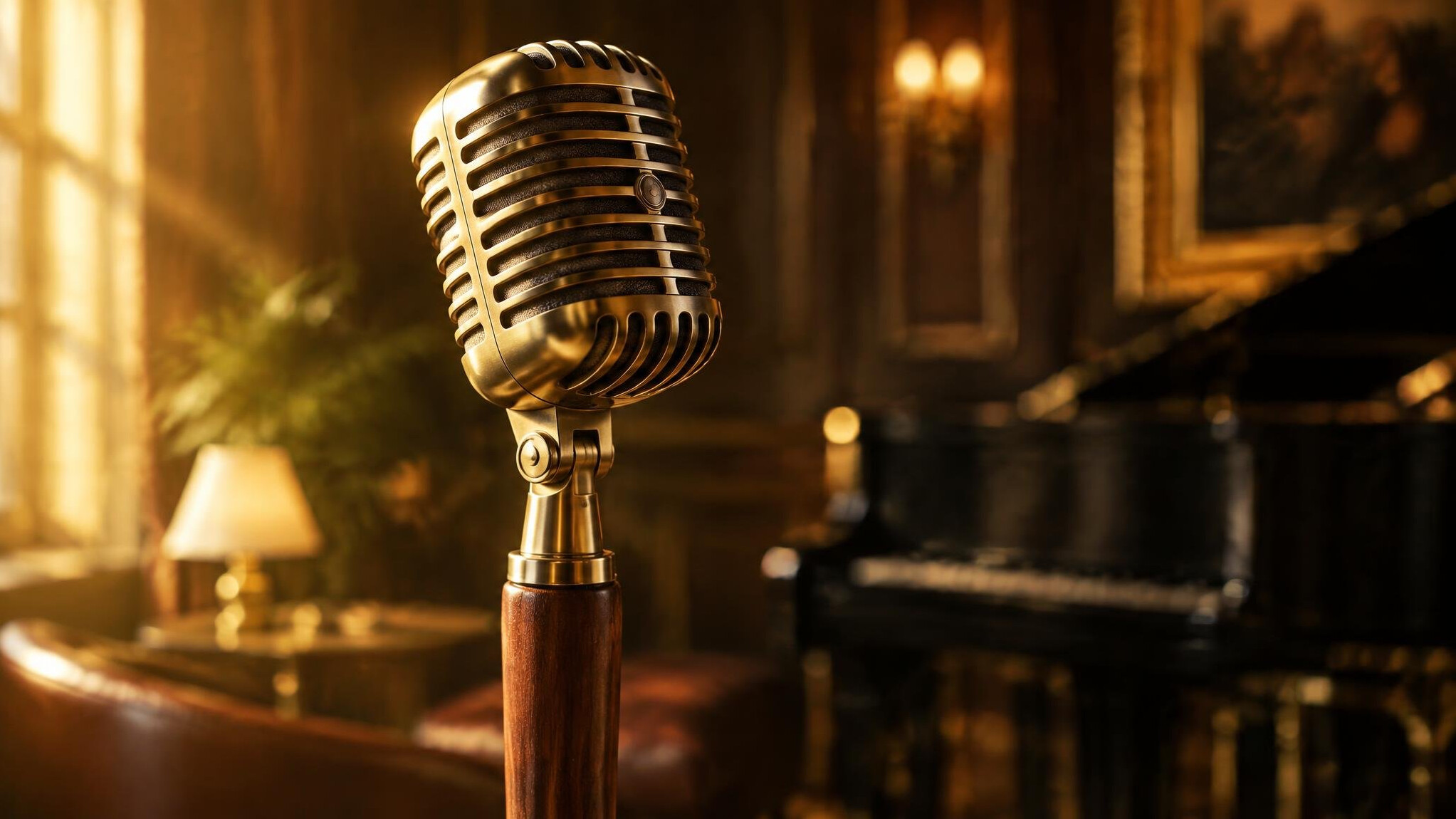 Vintage brass microphone on a wooden stand in warm golden light