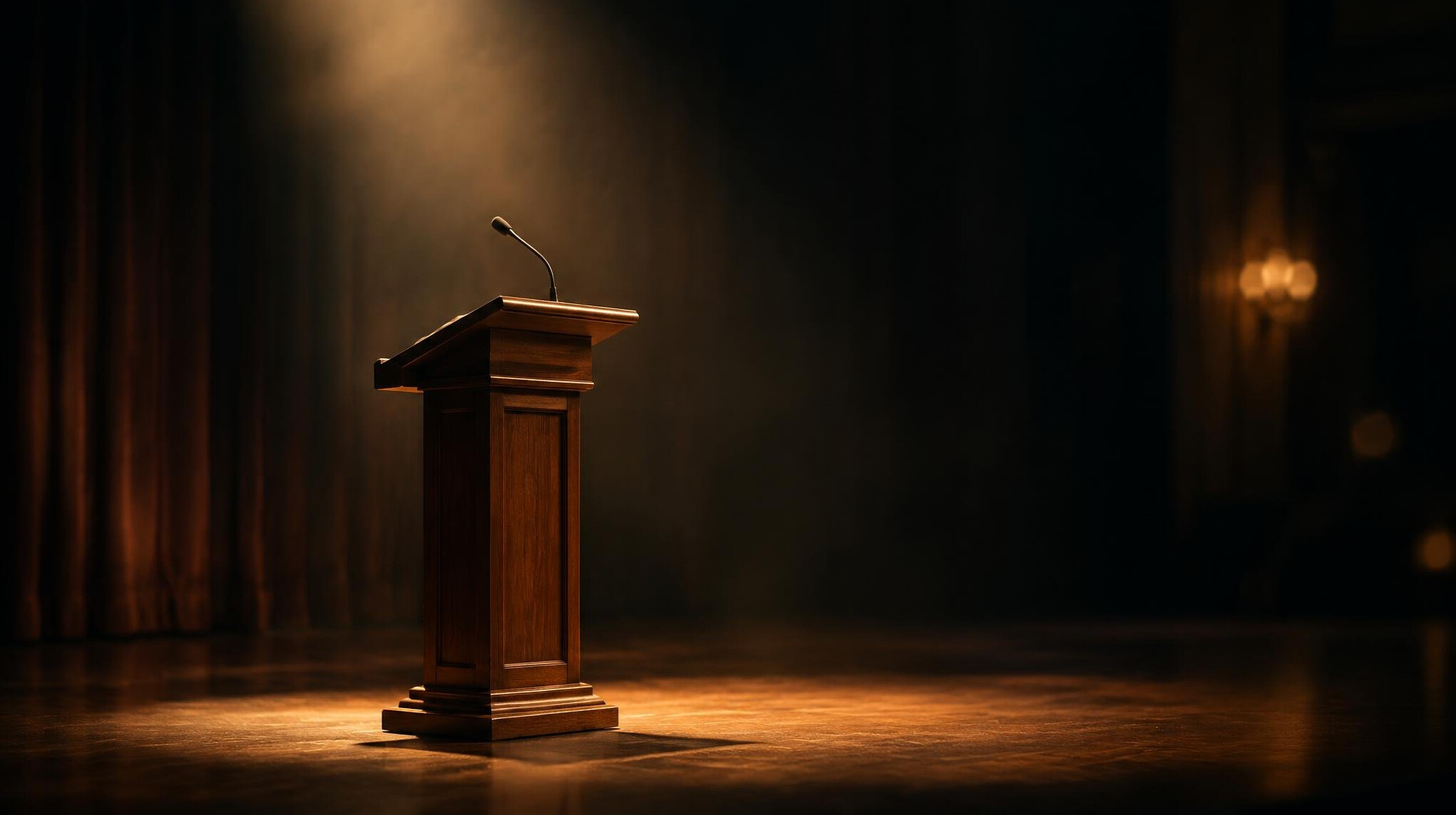 Empty wooden lectern illuminated by a single warm spotlight on a dark stage