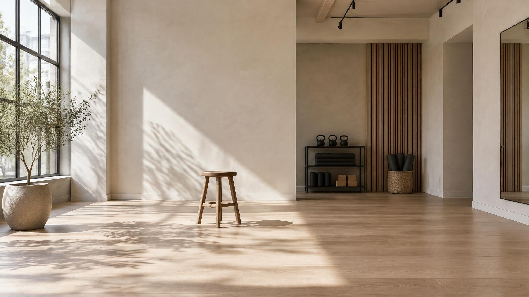 Minimalist studio interior with soft natural light and neutral tones