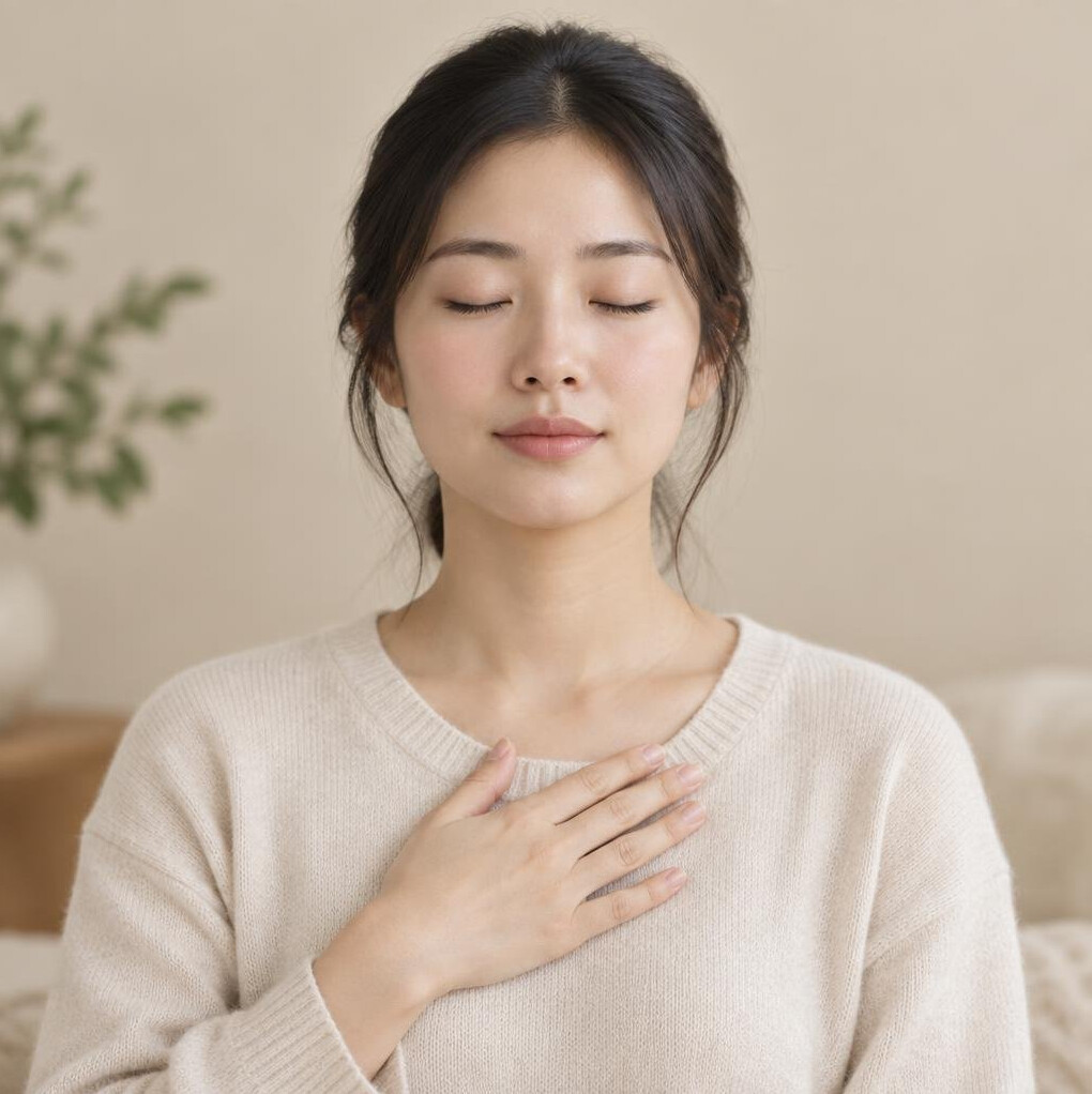 Young woman with eyes closed practicing a breathing exercise, hand on chest