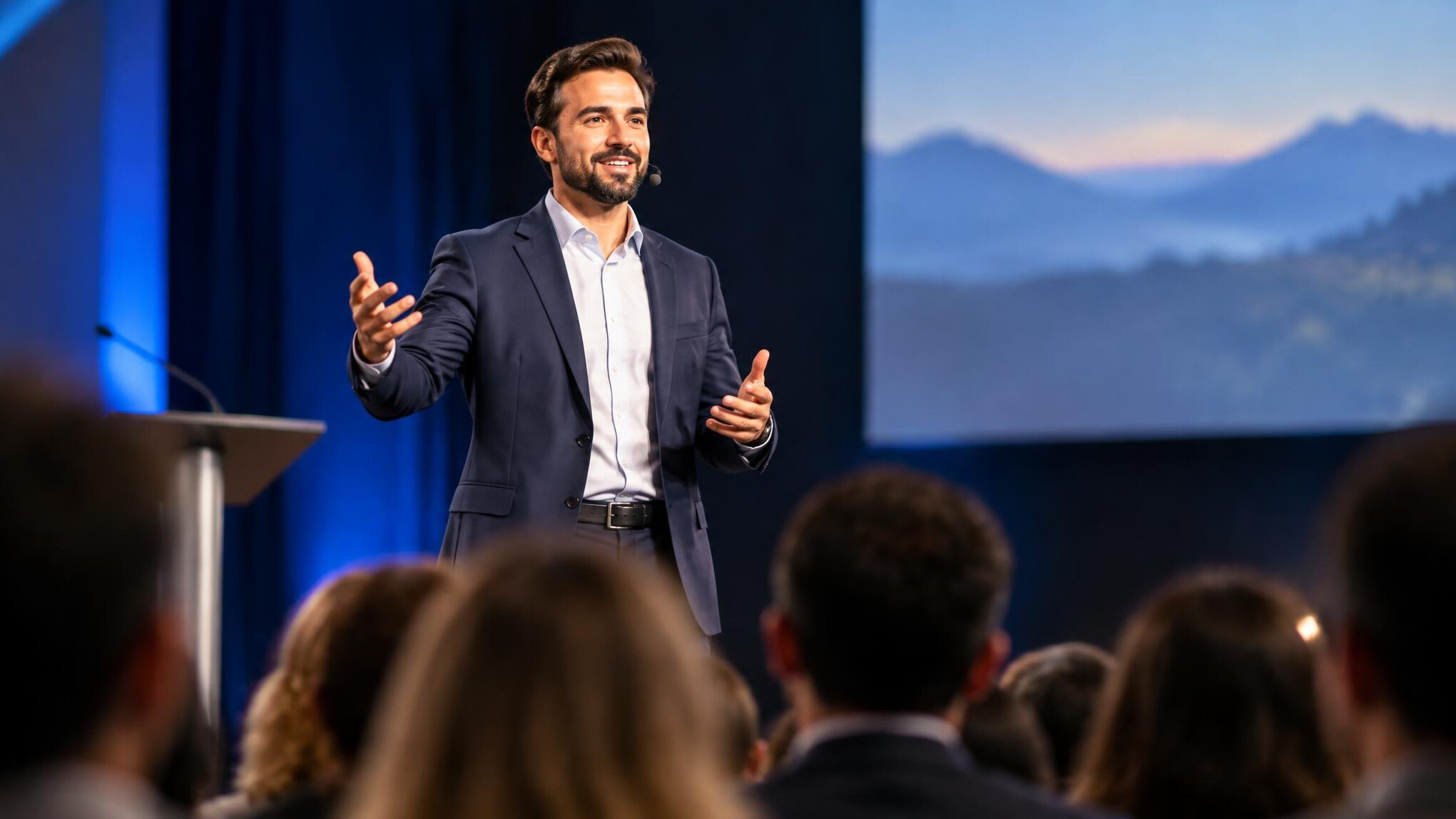 confident speaker engaging crowd