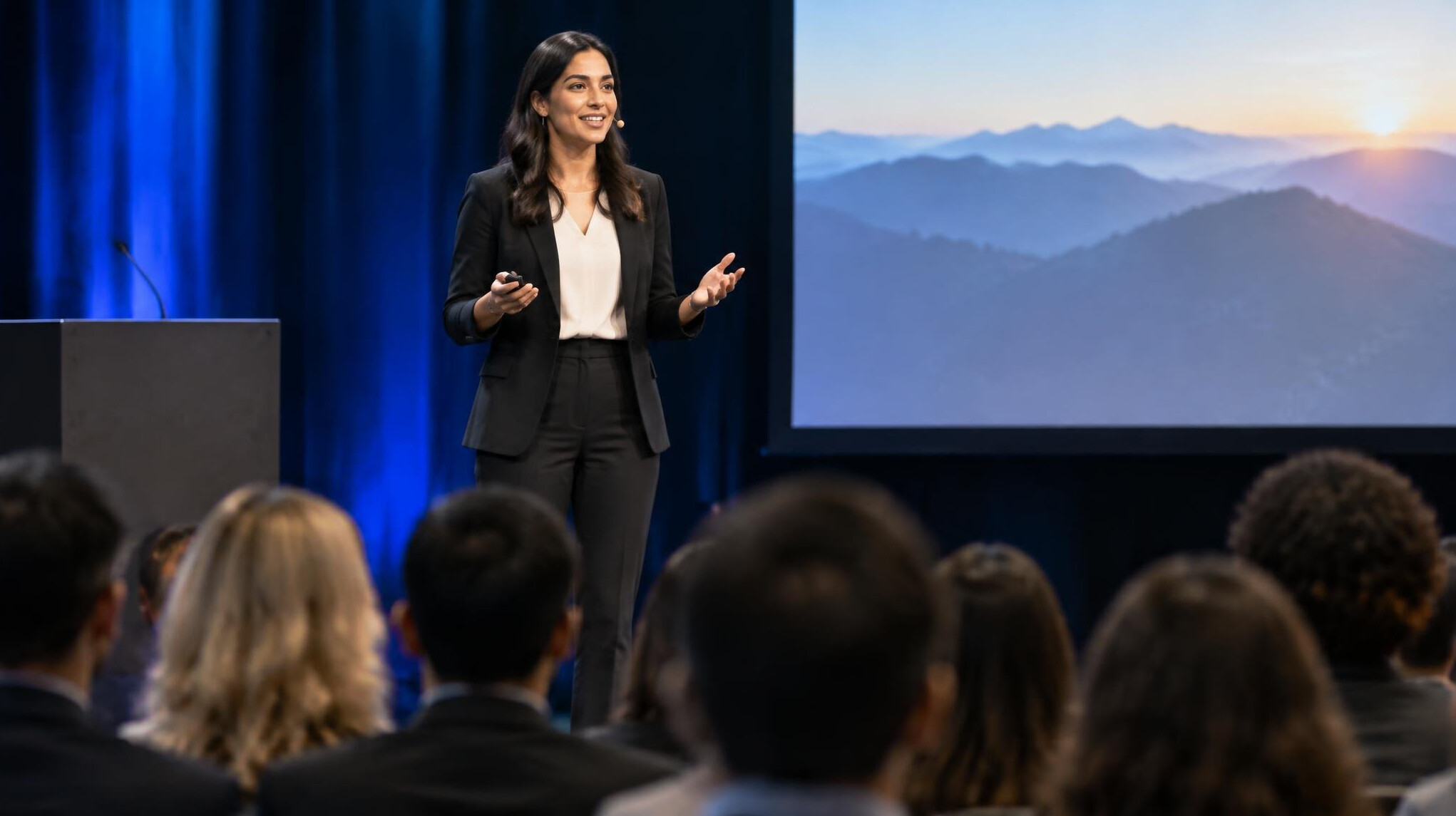 confident speaker on stage
