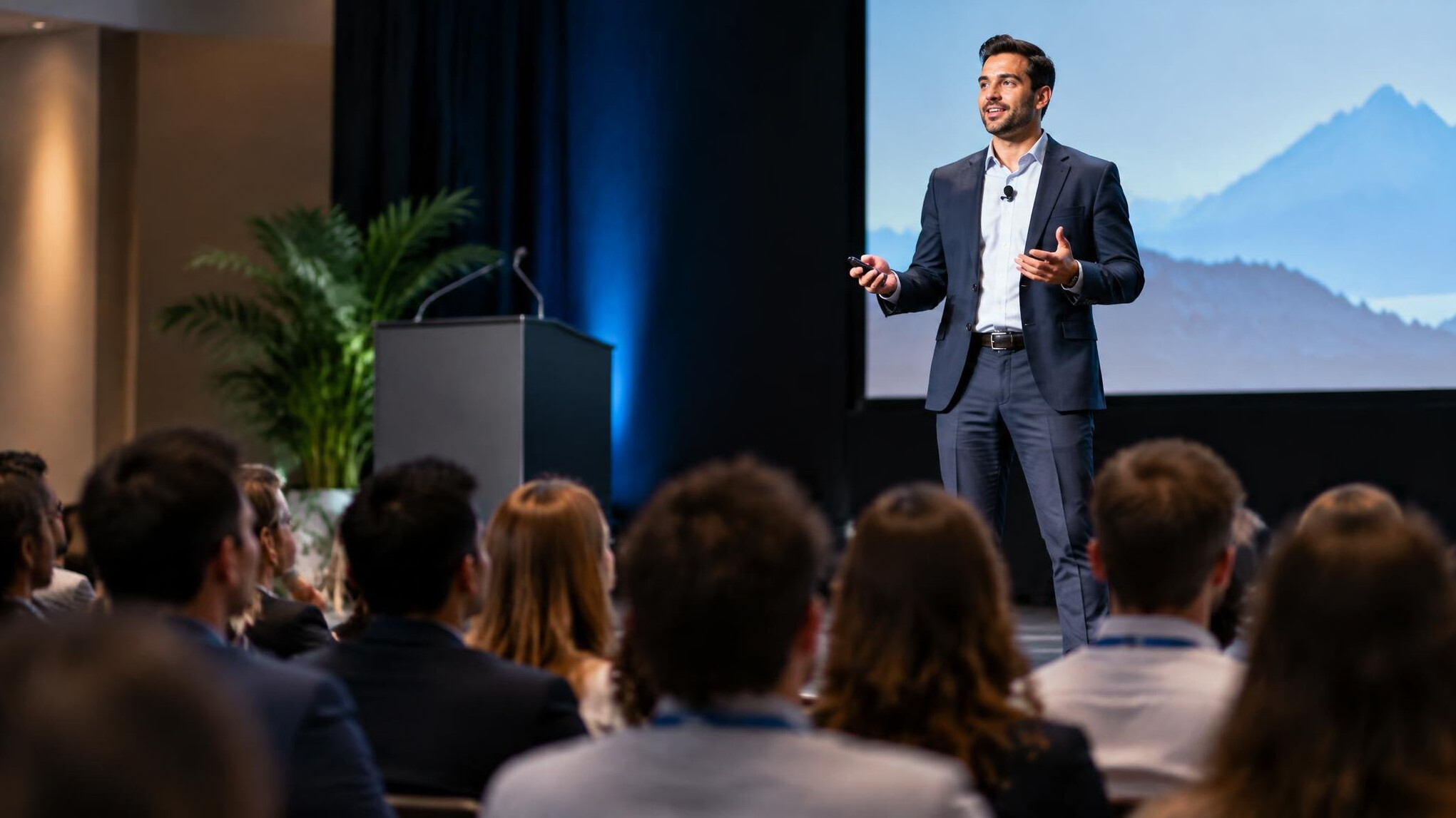 confident speaker on stage