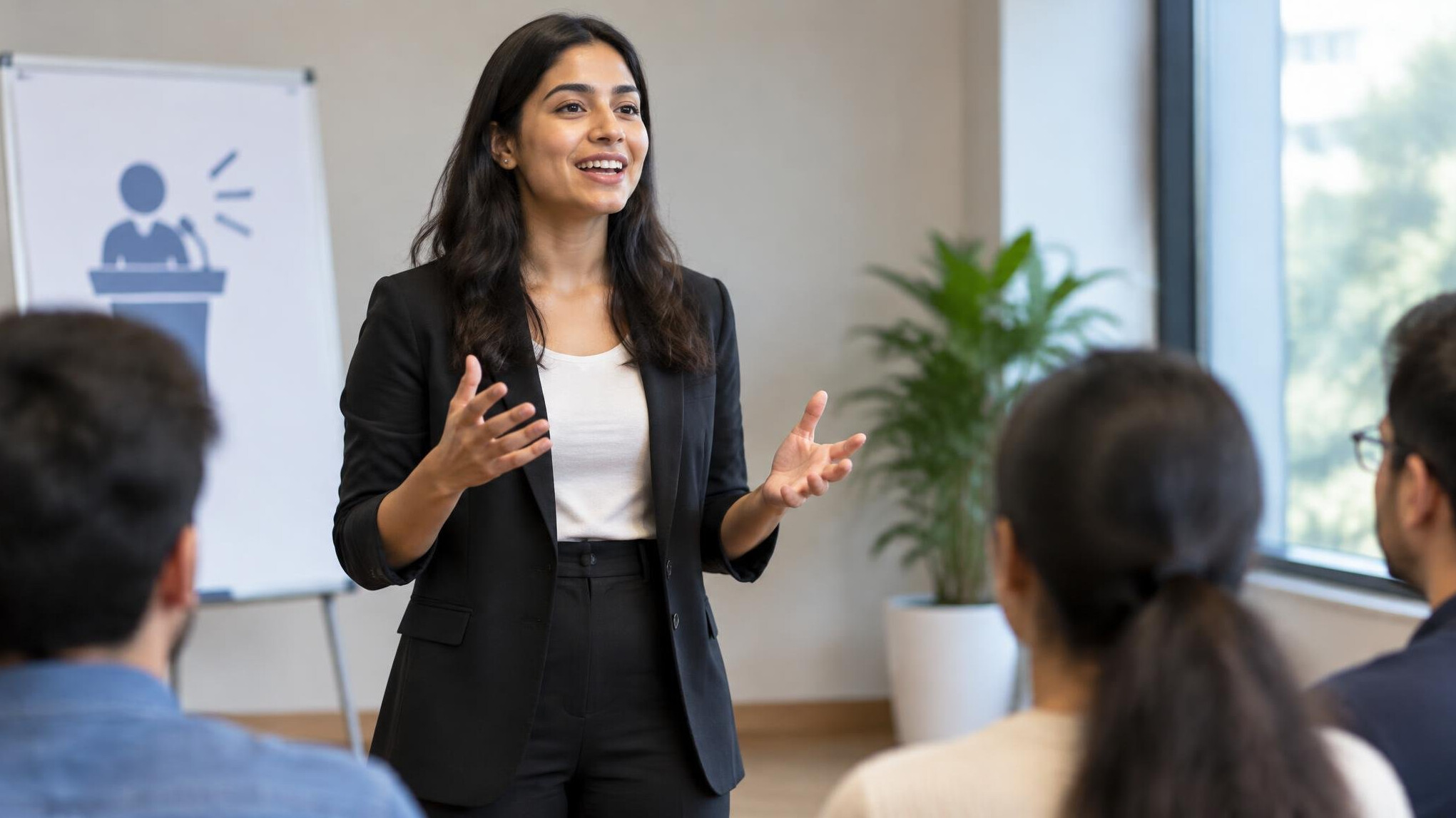 woman practicing speech with gestures